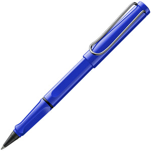 LAMY safari roll-ink rollerball pen in Blue, capped, on white