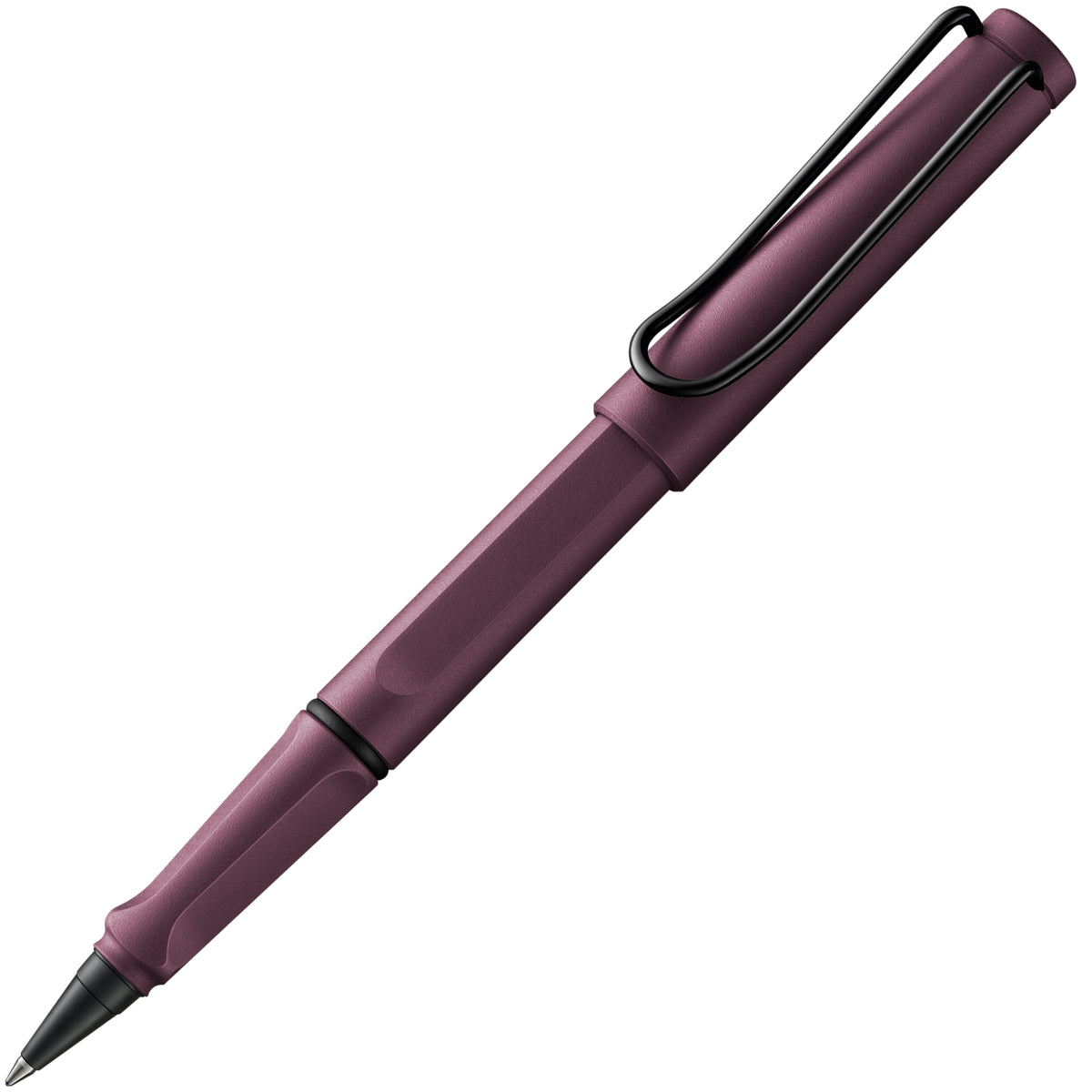 LAMY safari roll-ink rollerball pen in Scarlet, capped, on white
