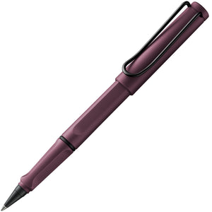 LAMY safari roll-ink rollerball pen in Scarlet, capped, on white