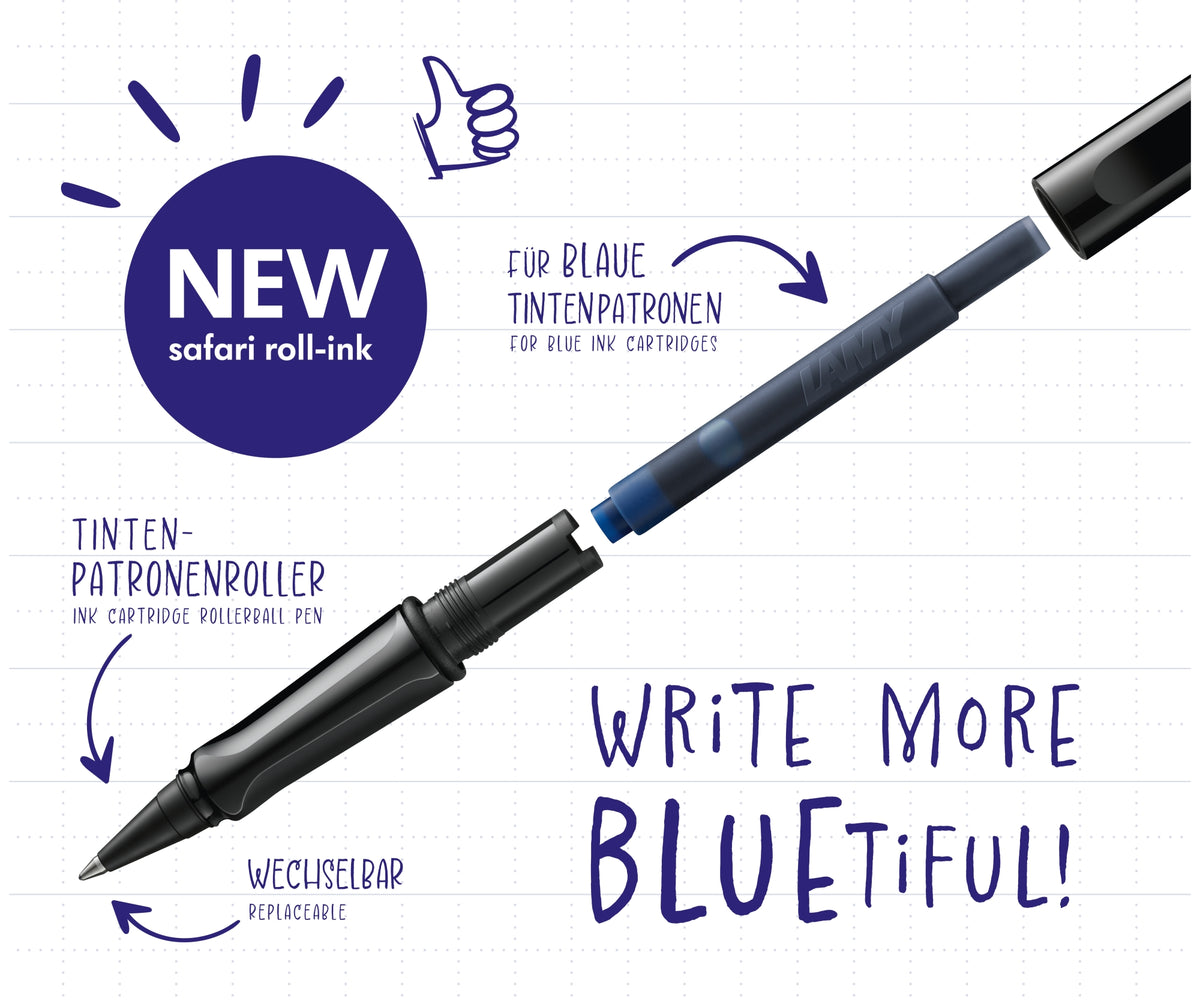 LAMY safari roll-ink 'Write more BLUEtiful' graphic showing the pen, the T 10 blue ink cartridge and the replaceable tip