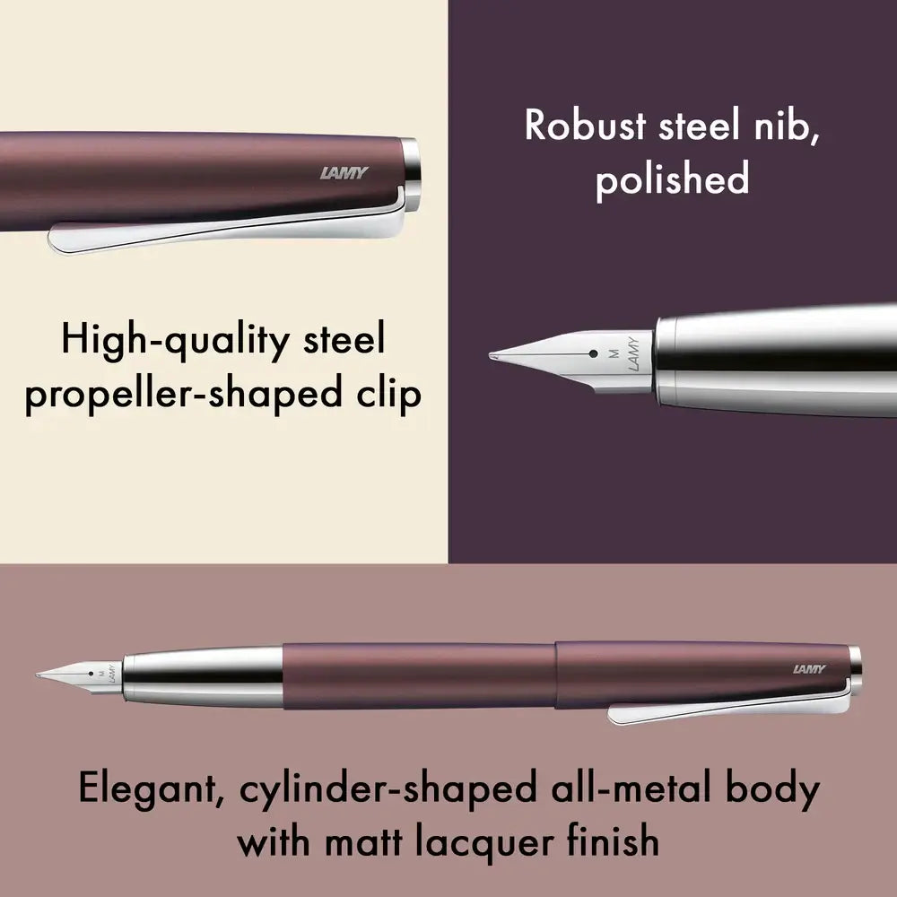 LAMY Studio Orion Matt Fountain Pen – Special Edition 2025 showcasing elegant plum-brown lacquer finish and propeller-shaped steel clip.