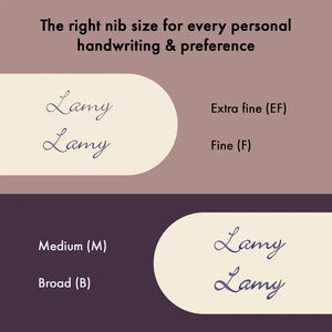 Nib size chart for LAMY Studio Orion Matt Fountain Pen – Special Edition 2025 showcasing extra fine to broad options.