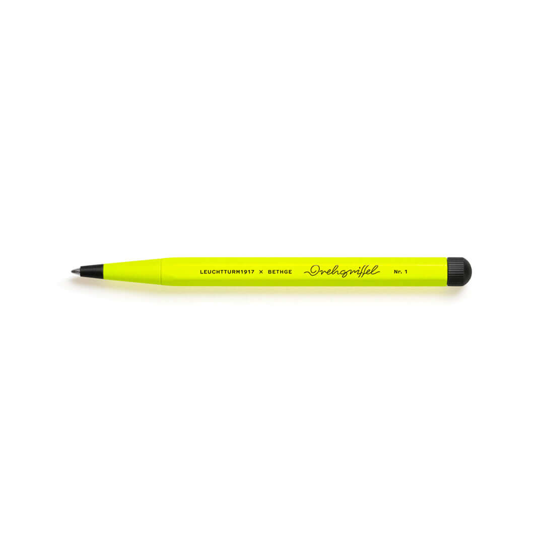 Leuchtturm1917 Drehgriffel Nr. 1 – Luminous Edition Ballpoint Pen with neon yellow finish and black accents, made from aluminium and brass.