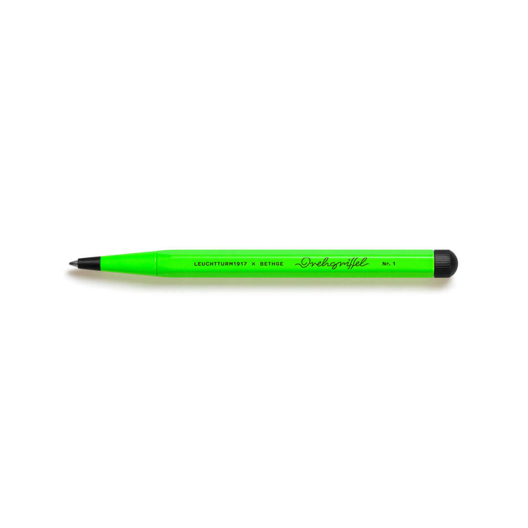 Leuchtturm1917 Drehgriffel Nr. 1 – Luminous Edition Ballpoint Pen in neon green with black accents, made from aluminium and brass.
