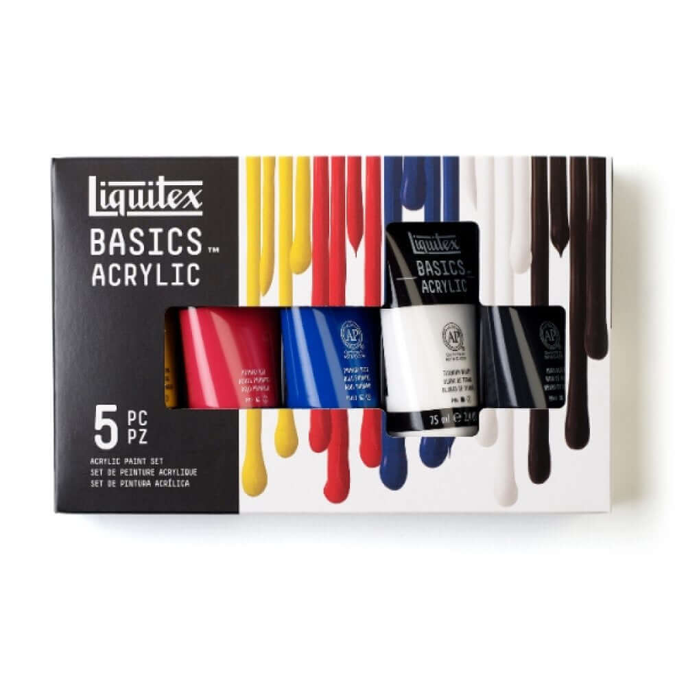 Liquitex Basics Acrylic Set – 5 x 75ml packaging with five essential colors for beginner artists and students.
