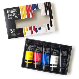 Liquitex Basics Acrylic Set – 5 x 75ml with five essential colors for everyday painting, suitable for canvas, paper, and mixed-media surfaces.