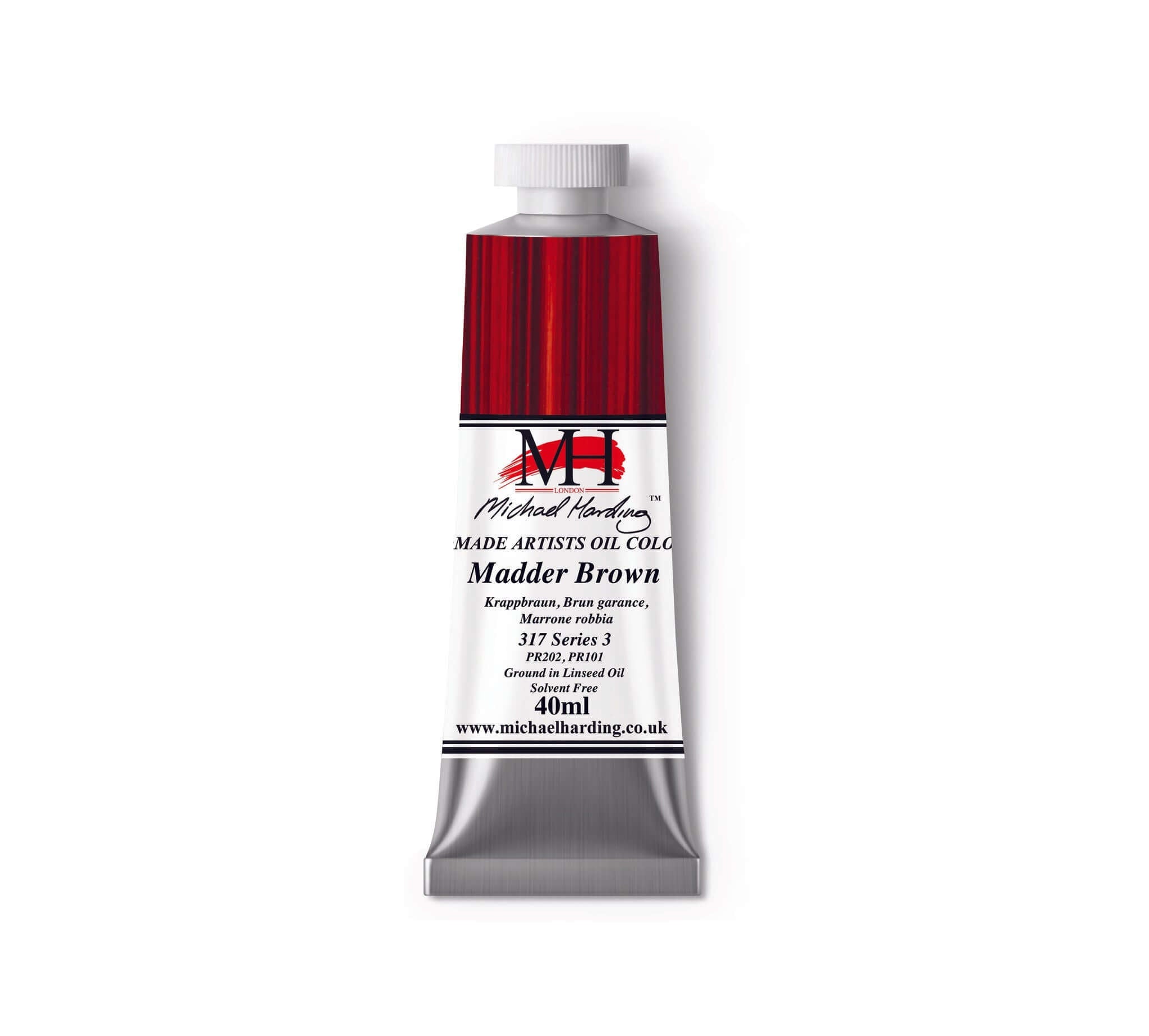 Michael Harding Madder Brown oil paint tube, 40ml, from Cooks Yard Whitechapel Selection, perfect for summer painting.