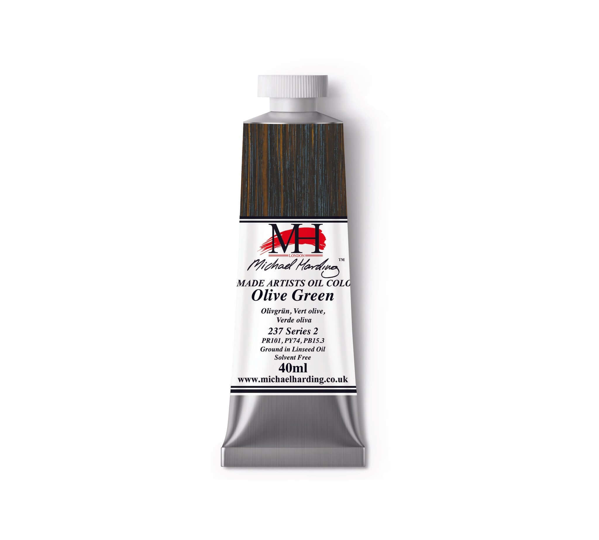 Michael Harding Oil Paint Olive Green 40ml tube from Cooks Yard Whitechapel Selection, perfect for summer painting.