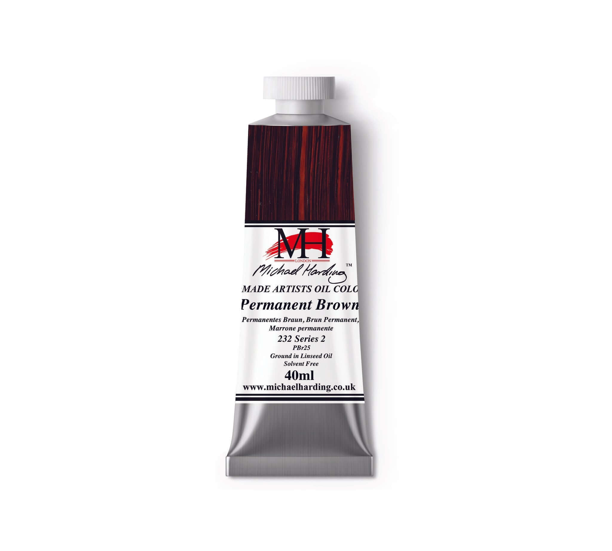 Michael Harding Permanent Brown oil paint tube 40ml for artists, featuring rich pigment for vibrant artwork.