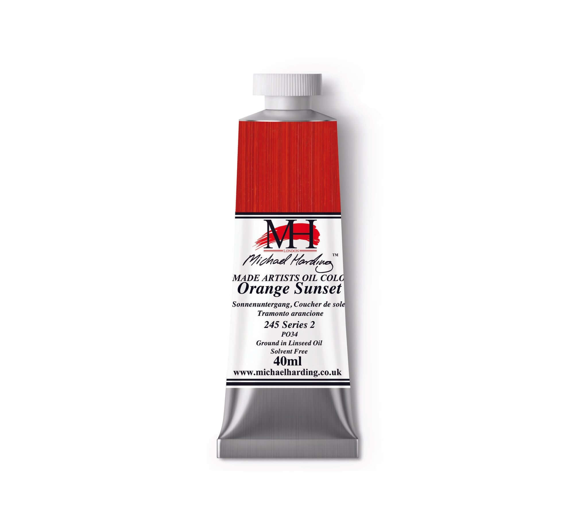 Michael Harding Oil Paint 40ml tube of Orange Sunset from Cooks Yard Whitechapel Selection, perfect for vibrant summer artwork.