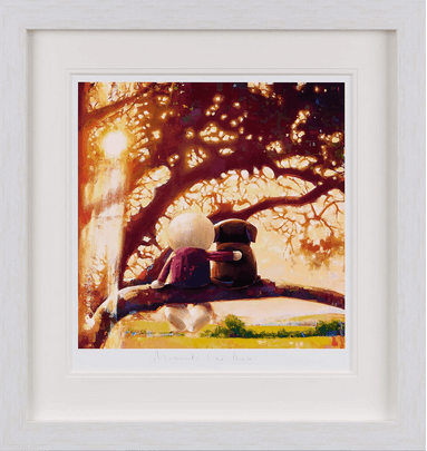 Artwork 'Moments Like These by Doug Hyde', featuring a dog and a person enjoying sunrise under a tree, symbolizing friendship and warmth.
