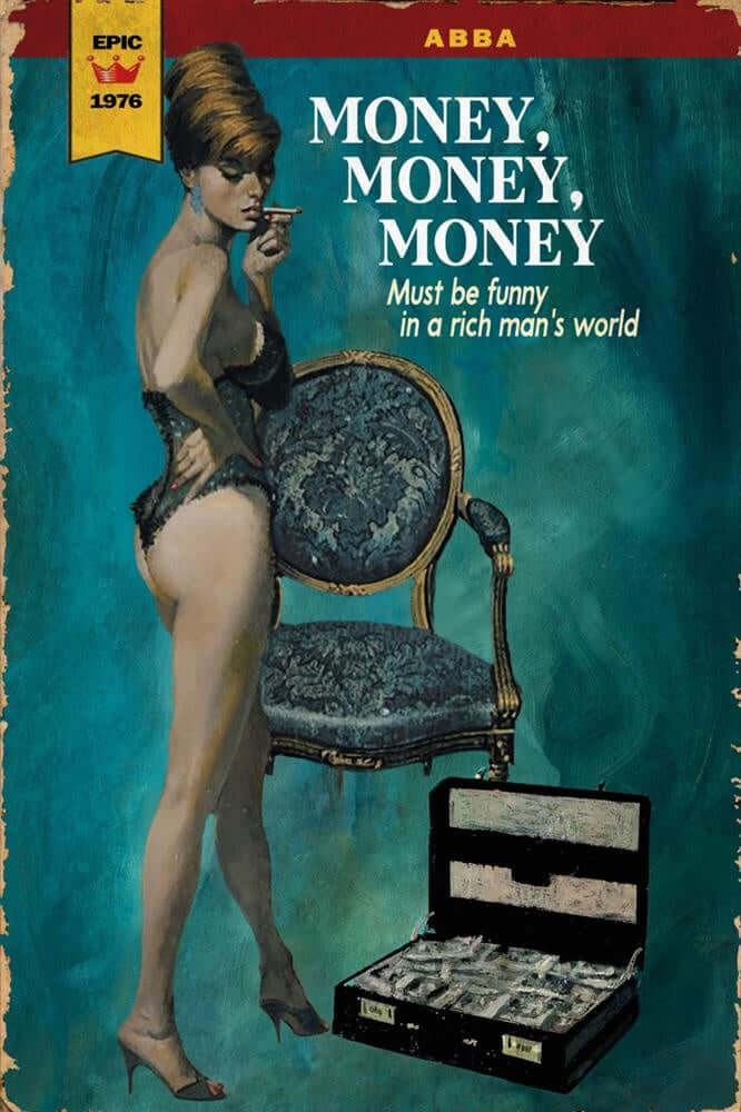 Vintage cover art with Money,Money Money theme by Linda Charles, featuring a woman, chair, and suitcase of money