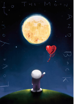 A figure gazes at the full moon with a red heart balloon in a starry sky, "Love you to the moon and back" written around the edge. Doug Hyde art.