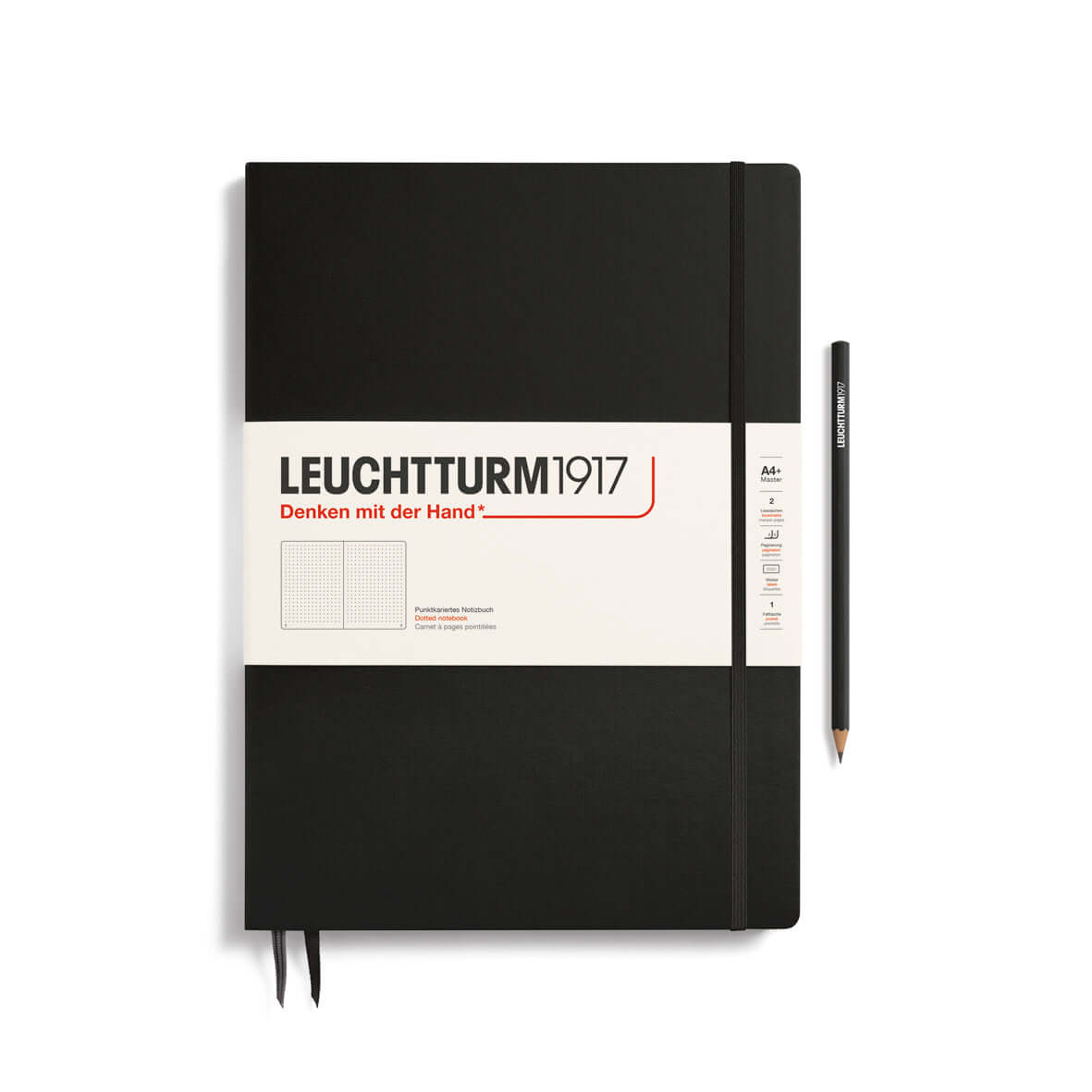 Leuchtturm1917 Master Slim Notebook A4+ Black with pencil shown, ideal for detailed notes and planning, 123 squared pages.