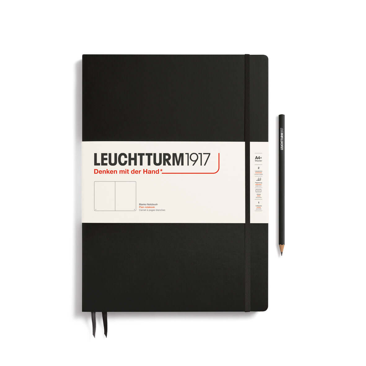 Leuchtturm1917 Master Slim Notebook A4+ Black with pencil, 123 squared pages, hardcover, ideal for detailed notes and layouts.