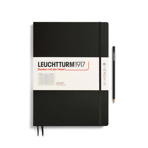 Leuchtturm1917 Master Slim Notebook A4+ Black with pencil, showcasing sleek design and generous writing space for detailed notes and projects.