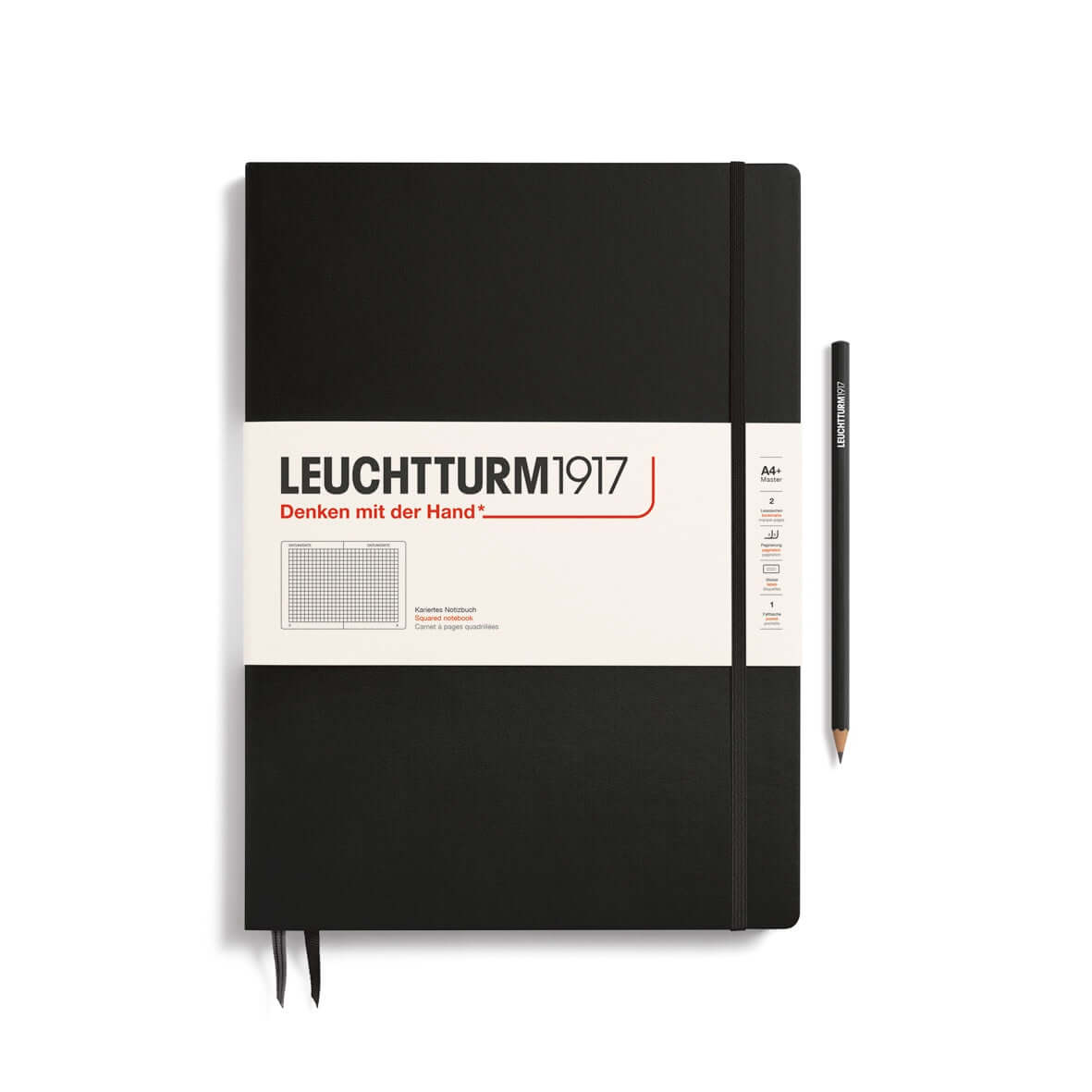 Leuchtturm1917 Master Slim Notebook A4+ Black with pencil, 123 numbered squared pages