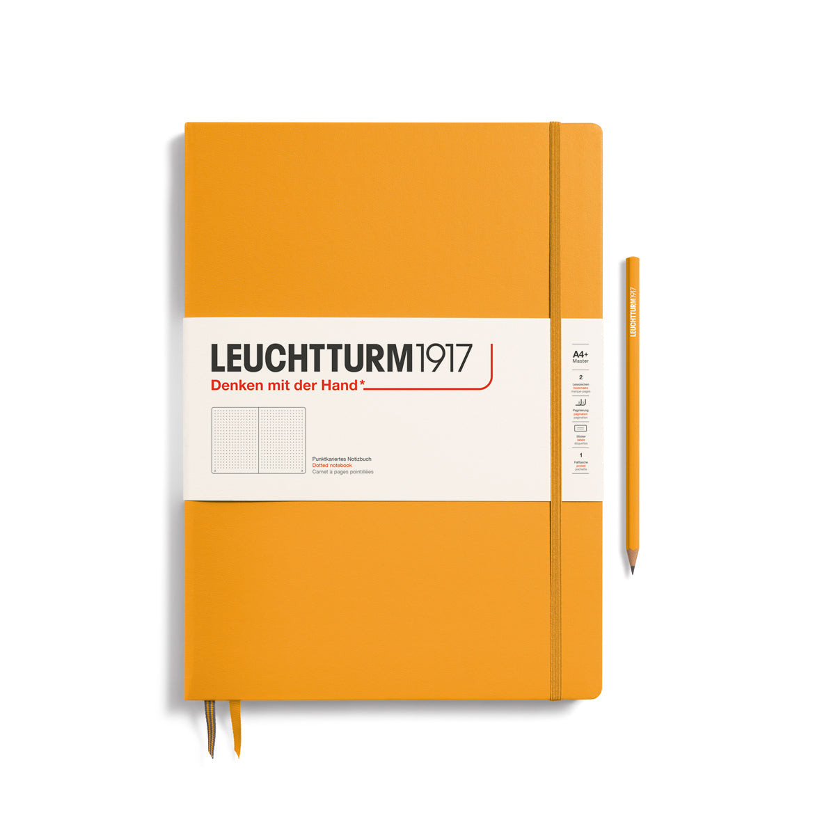 Leuchtturm1917 Master Slim Notebook A4+ Hardcover – 100gsm in orange with pen, ideal for large, portable, organized notes.