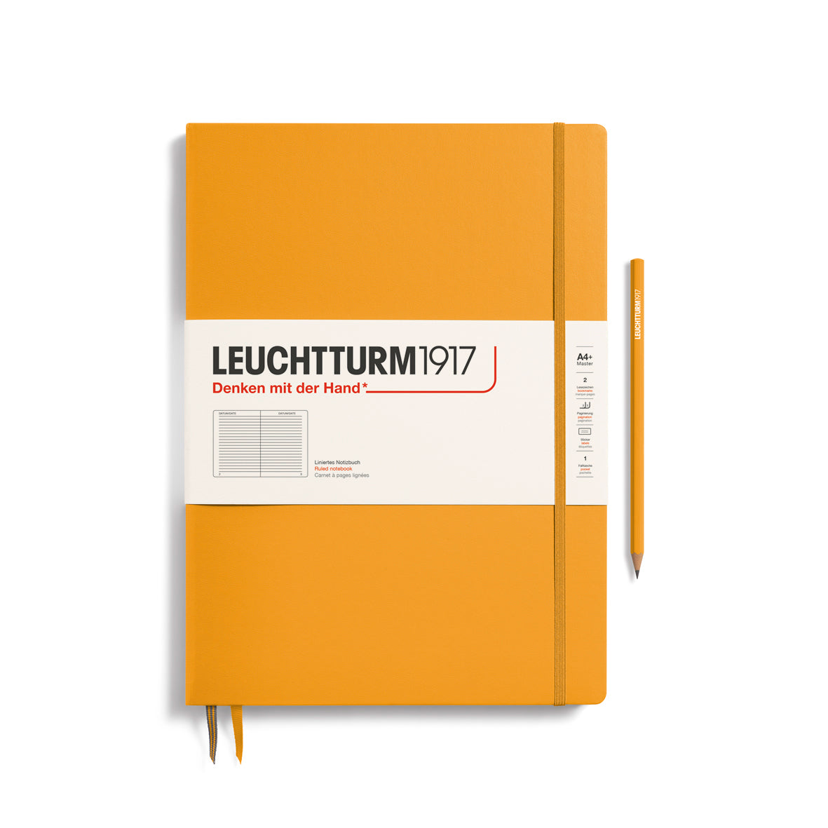 Leuchtturm1917 Master Slim Notebook A4+ Hardcover – 100gsm in vibrant orange with pencil and elastic closure