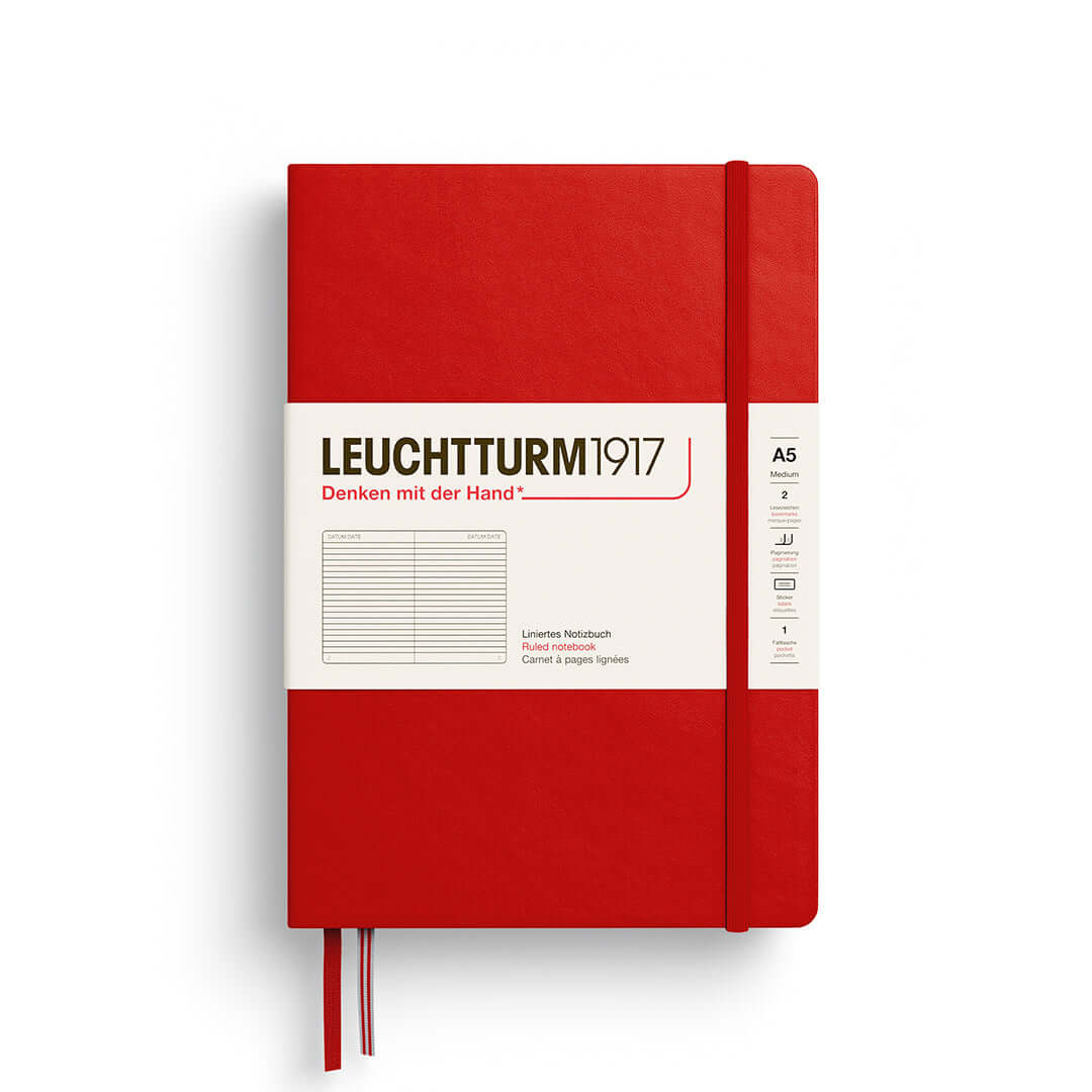 Leuchtturm1917 Notebook A5 Hardcover – 2026 Colours, Plain / Dotted / Lined / Squared - Red notebook with elastic closure.