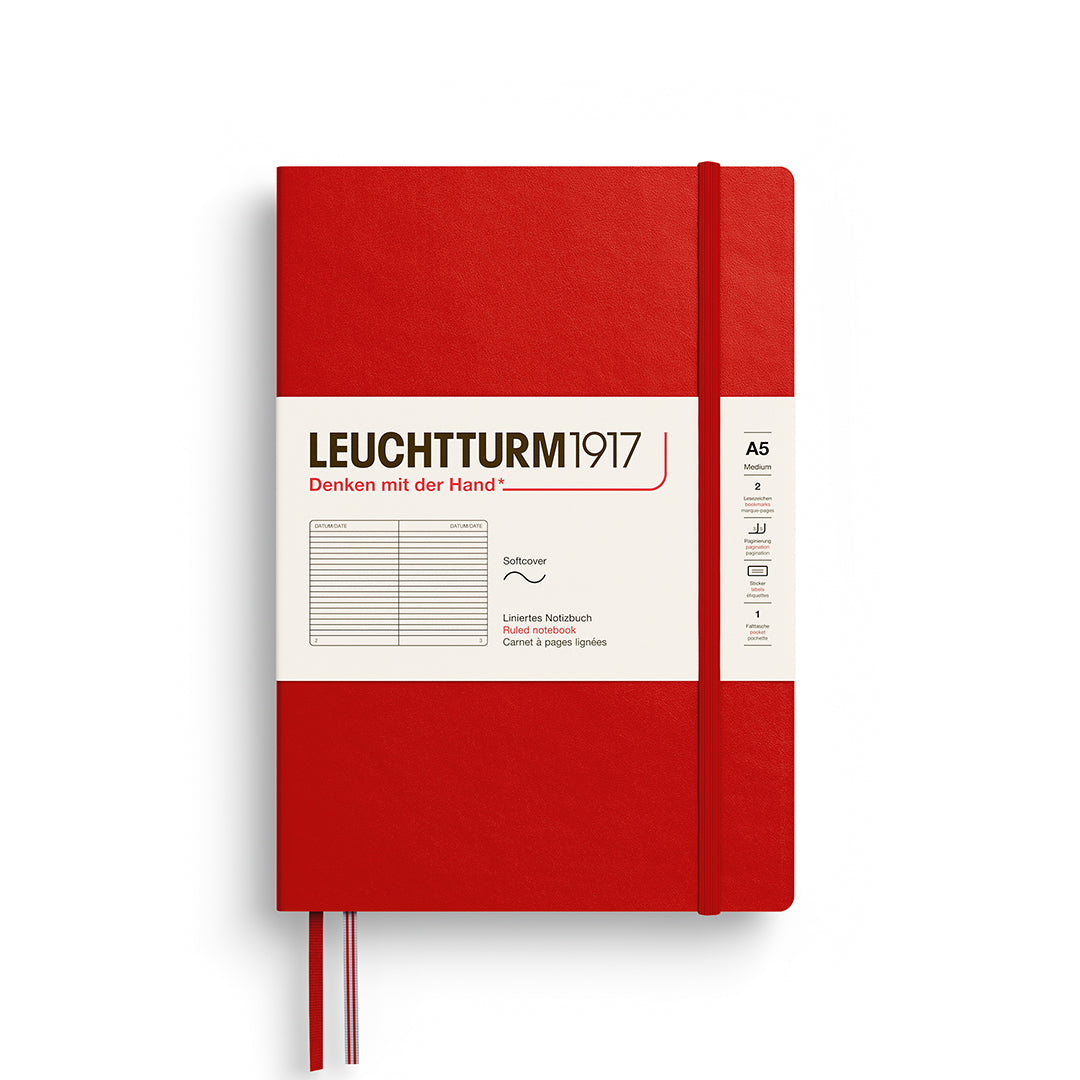 Leuchtturm1917 Notebook A5 Softback – 2026 Colours in Cherry, ideal for writing or travel, shown with softcover and ribbon markers.