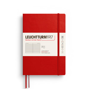 Leuchtturm1917 Notebook A5 Softback – 2026 Colours in Cherry, ideal for writing or travel, shown with softcover and ribbon markers.