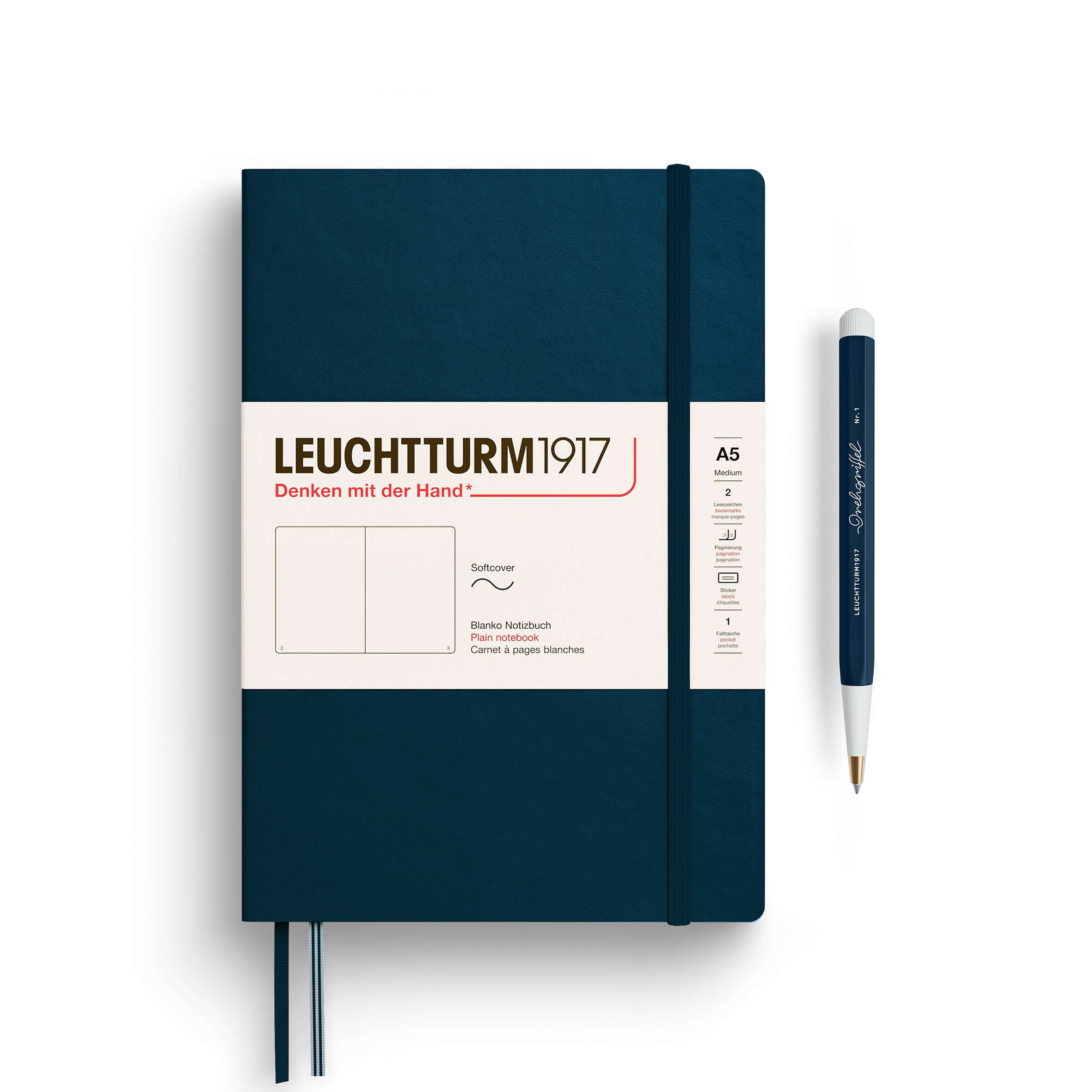 Leuchtturm A5 Softcover Notebook – Thinking Ahead Collection in navy with pen, portable and ideal for notes, journaling, planning.
