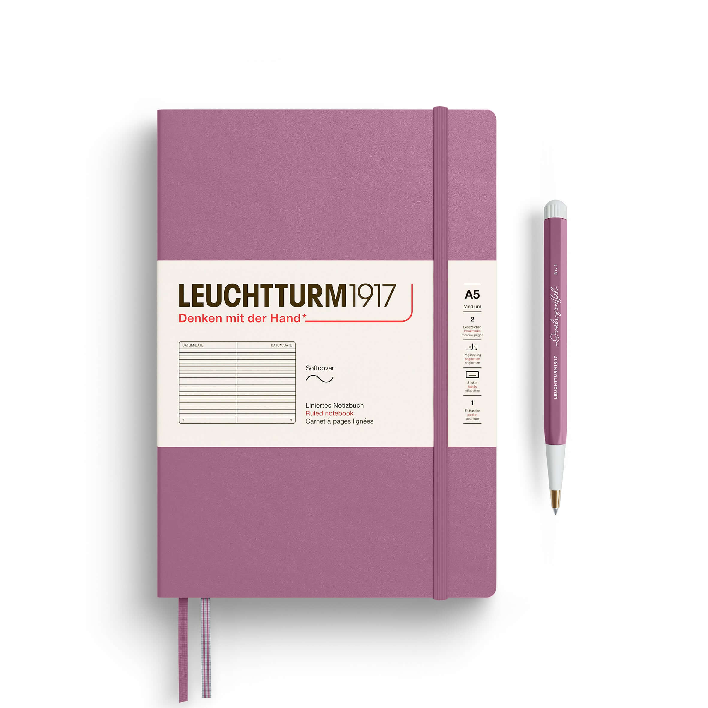 Leuchtturm A5 Softcover Notebook – Thinking Ahead Collection in purple with matching pen, ideal for journaling and planning.