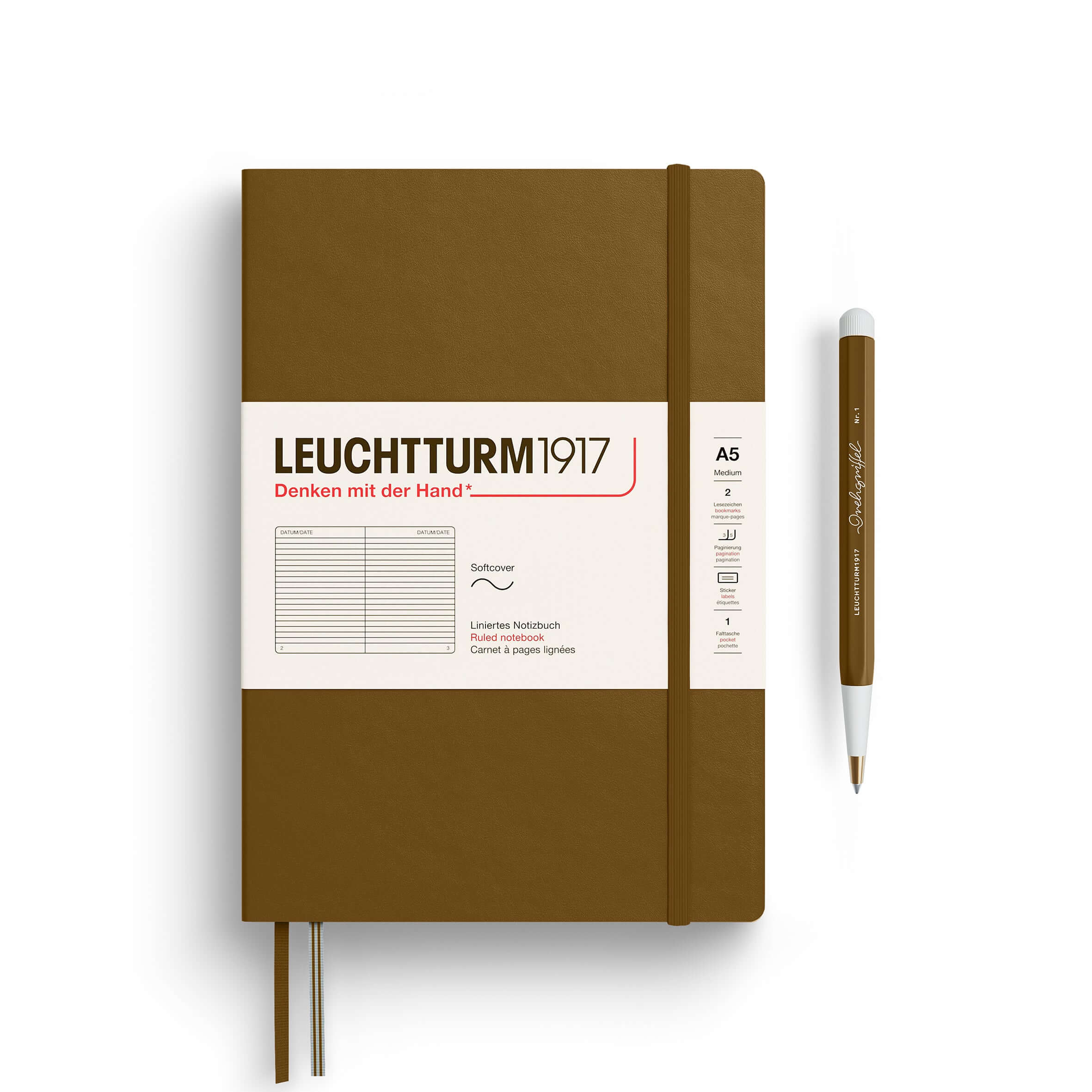 Leuchtturm A5 Softcover Notebook – Thinking Ahead Collection with a brown cover and pen, ideal for journaling and planning.