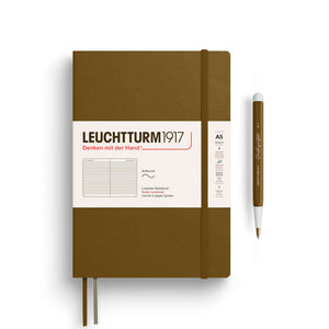 Leuchtturm A5 Softcover Notebook – Thinking Ahead Collection with a brown cover and pen, ideal for journaling and planning.