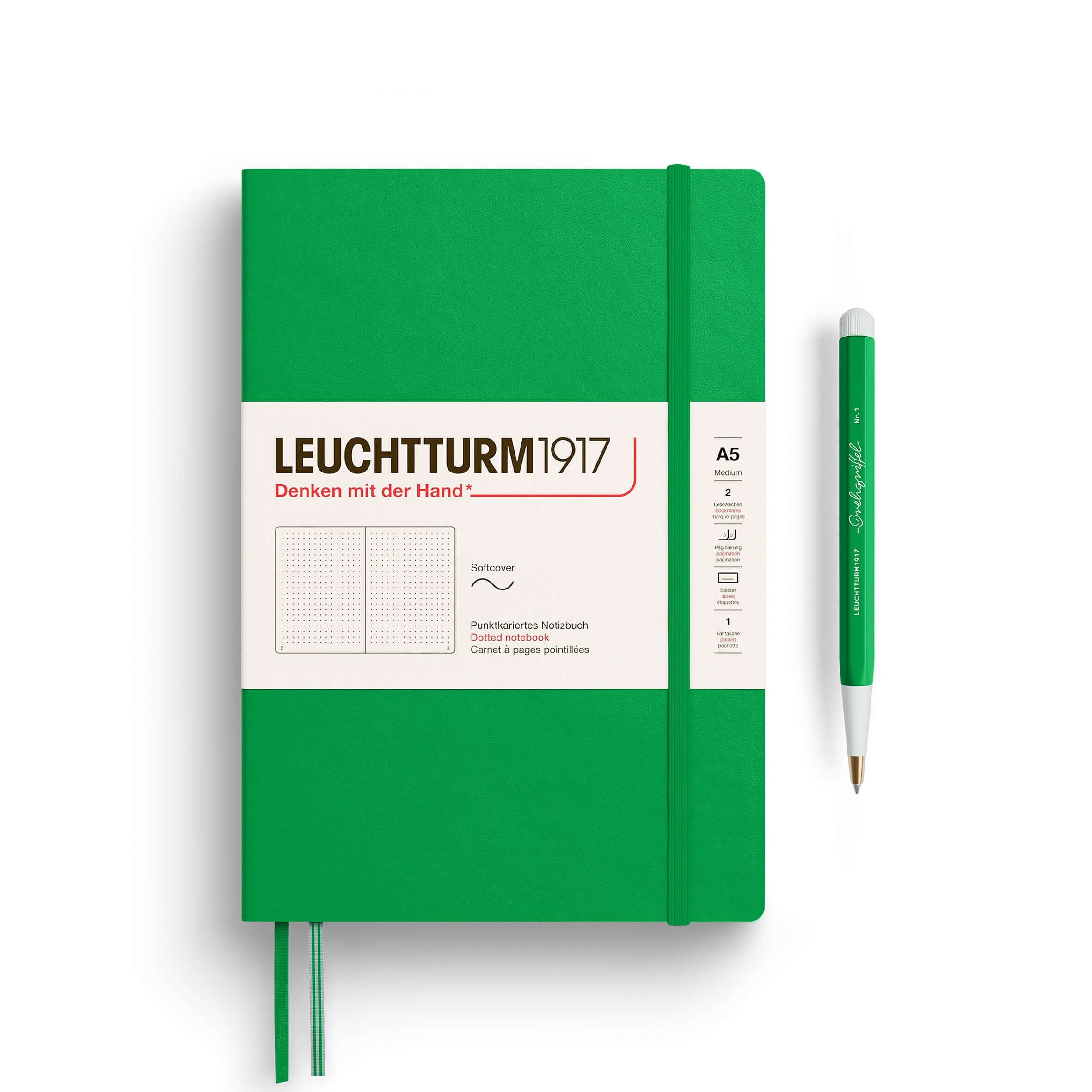 Leuchtturm A5 Softcover Notebook – Thinking Ahead Collection in green with pen, ideal for journaling and planning, 145 × 210 mm, 251 pages.