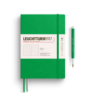 Leuchtturm A5 Softcover Notebook – Thinking Ahead Collection in green with pen, ideal for journaling and planning, 145 × 210 mm, 251 pages.