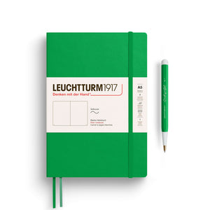 Leuchtturm A5 Softcover Notebook – Thinking Ahead Collection in green with pen, perfect for journaling, notes, and planning on the go.