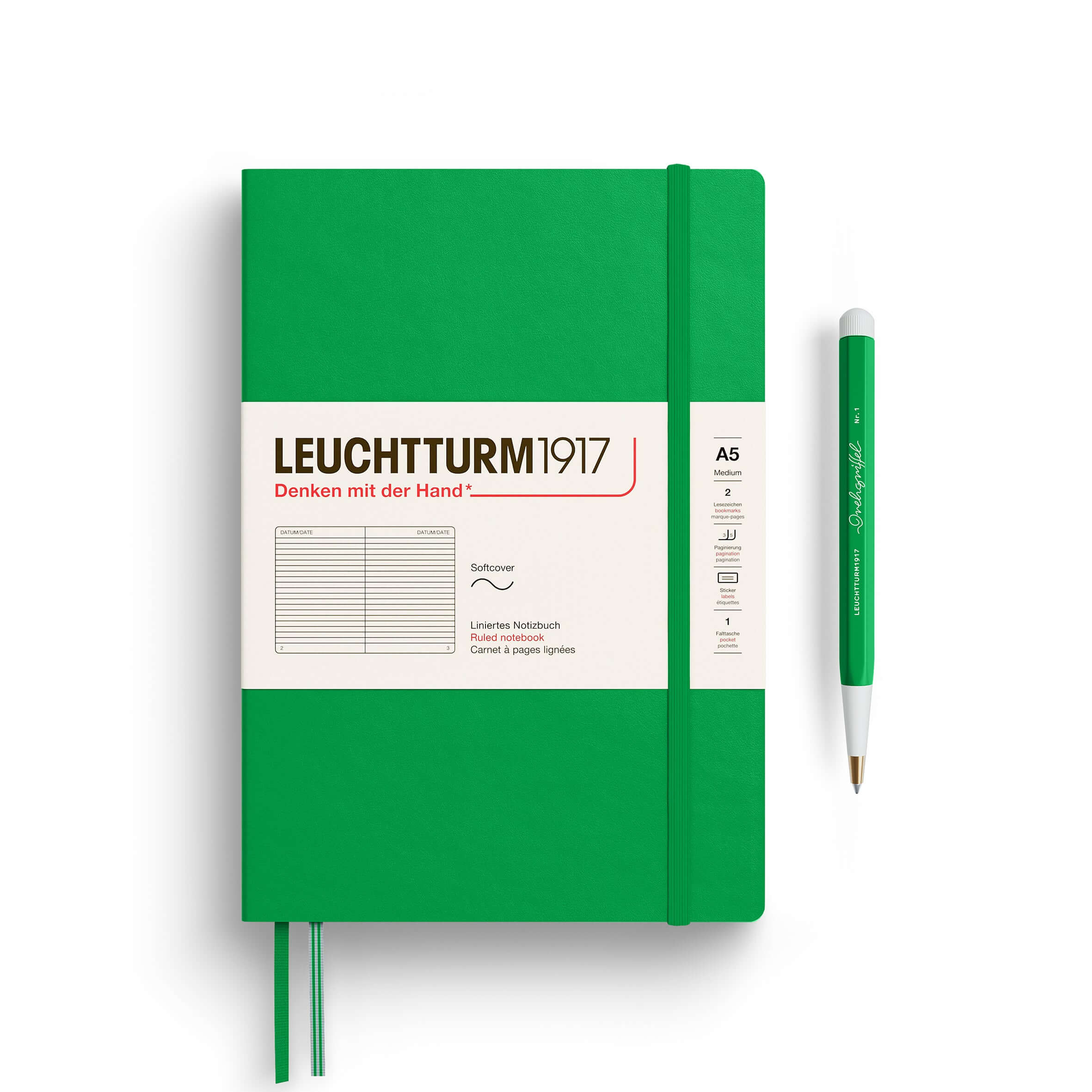 Leuchtturm A5 Softcover Notebook – Thinking Ahead Collection in green with pen, ideal for daily notes, journaling, and planning on the go.