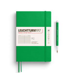 Leuchtturm A5 Softcover Notebook – Thinking Ahead Collection in green with pen, ideal for daily notes, journaling, and planning on the go.