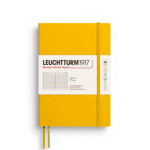 Leuchtturm1917 Notebook A5 Softback – 2026 Colours in Sunflower, open to showcase softcover and interior design with elastic closure.