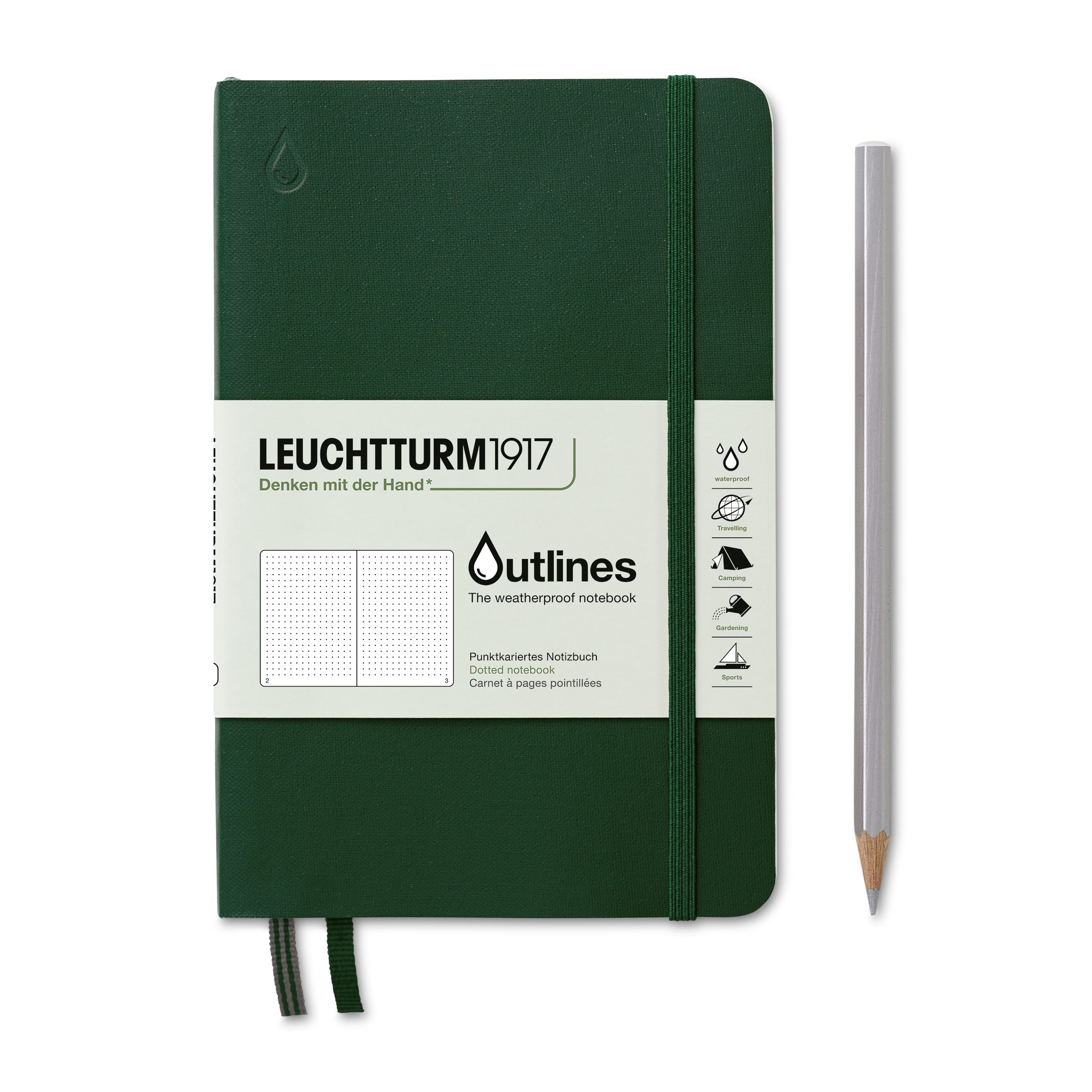 Leuchtturm1917 Outlines Weatherproof Notebook – B6+ Dotted with pencil, green Flexcover, durable for outdoor use.
