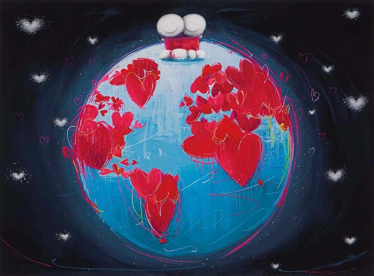 "On Top of the World by Doug Hyde" artwork showing a couple sitting on Earth surrounded by red hearts.