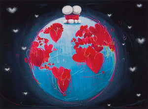 "On Top of the World by Doug Hyde" artwork showing a couple sitting on Earth surrounded by red hearts.