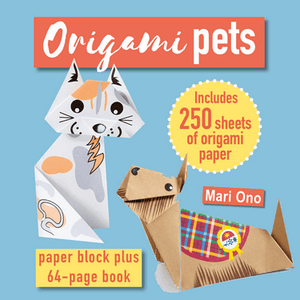 Cover of Origami Pets Paper Block Plus 64-Page Book showing origami dog and cat with 250 sheets of printed paper.