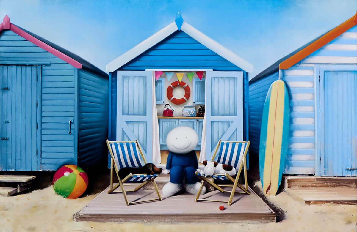 Our Favourite Days by Doug Hyde painting with beach huts, deck chairs, a ball, and surfboard reflecting carefree seaside enjoyment.