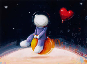 Over the Moon by Doug Hyde - whimsical astronaut with red heart, signed limited edition art print, image size 19x14, edition size 295.