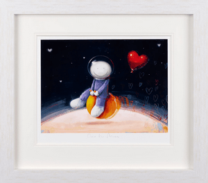 Over the Moon by Doug Hyde, signed limited edition art with a whimsical character holding a heart balloon, framed, image size 19x14 inches.