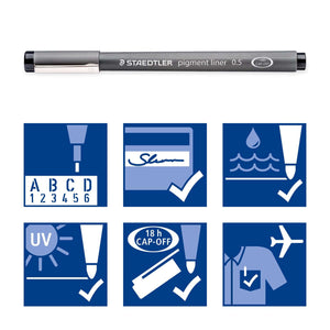 Staedtler Pigment Liner 0.5 mm fineliner with icon features including UV resistance, quick-dry ink, and airplane-safe cap-off.