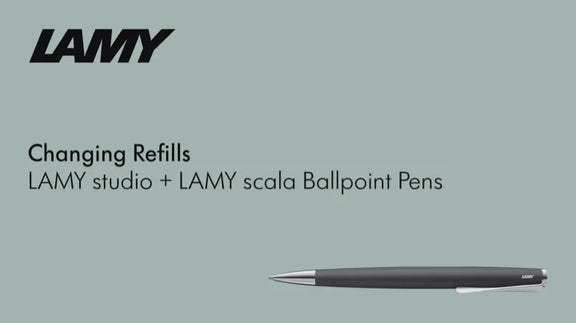 Image showing the LAMY studio Fountain Pen - Matte Black alongside LAMY scala Ballpoint Pens with refill instructions.