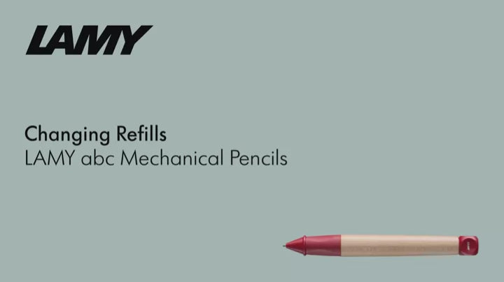 Changing refills for LAMY abc Mechanical Pencil on a light background with logo.