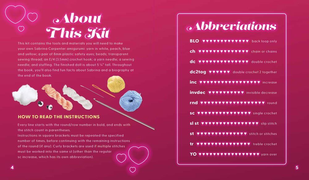 The Unofficial Sabrina Carpenter Book and Crochet Kit instruction guide with materials and crochet abbreviations.
