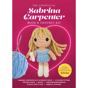 Cover of The Unofficial Sabrina Carpenter Book and Crochet Kit featuring crochet doll, yarn, and pink background.