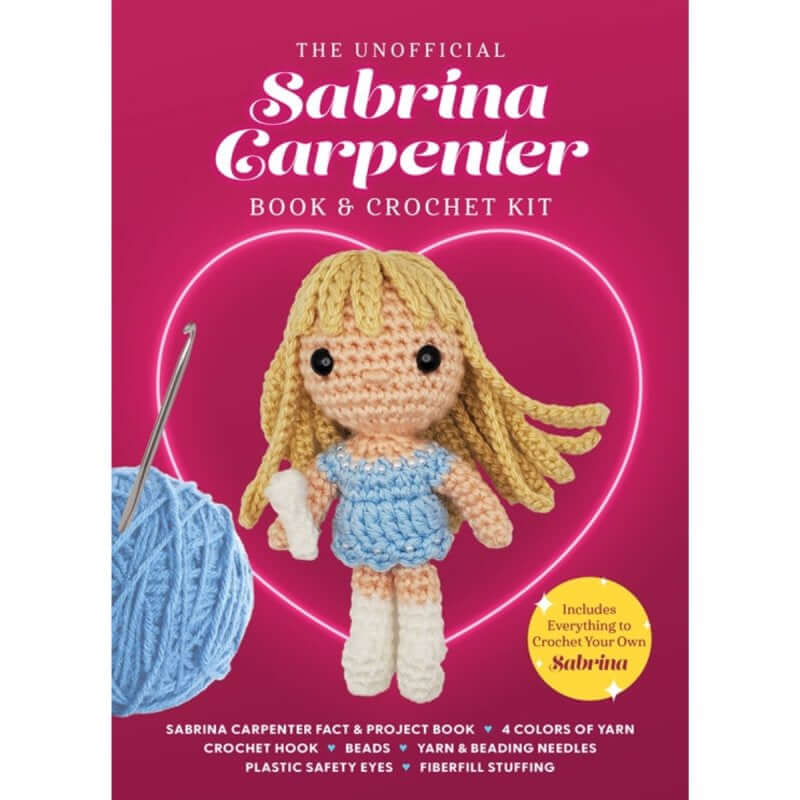 Cover of The Unofficial Sabrina Carpenter Book and Crochet Kit featuring crochet doll, yarn, and pink background.