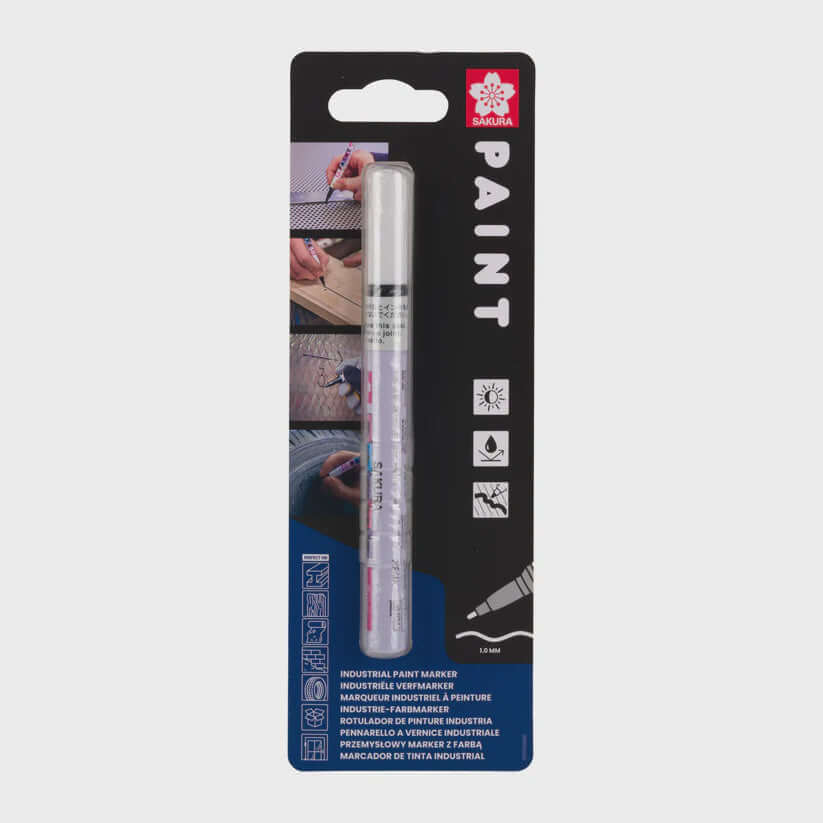 Sakura Paint Marker Fine Black in packaging for versatile writing on wood, metal, glass, and more; lightfast and water-resistant.